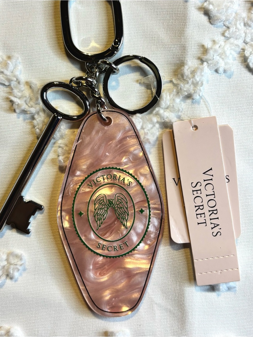 Victoria's Secret Pink Pearlized Keychain Tag with Green Logo
